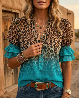 Leopard Print V-Neck Gradient Ruffle Blouse