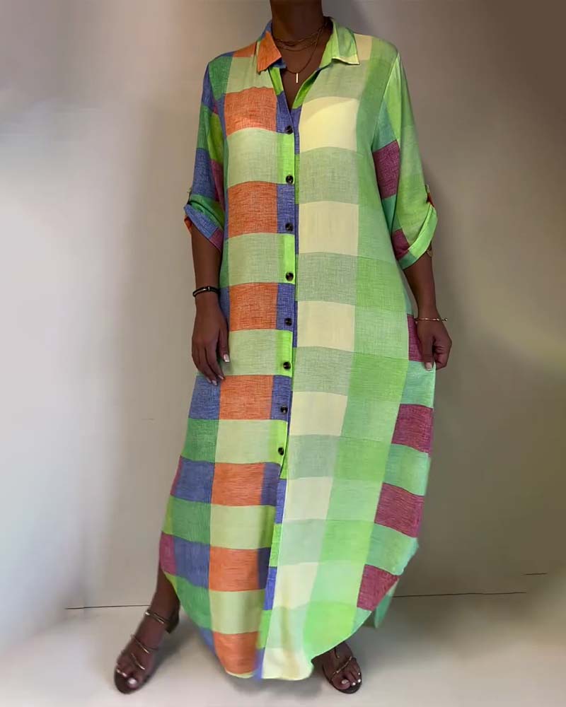 Plaid Collar Color-Block Shirt Dress