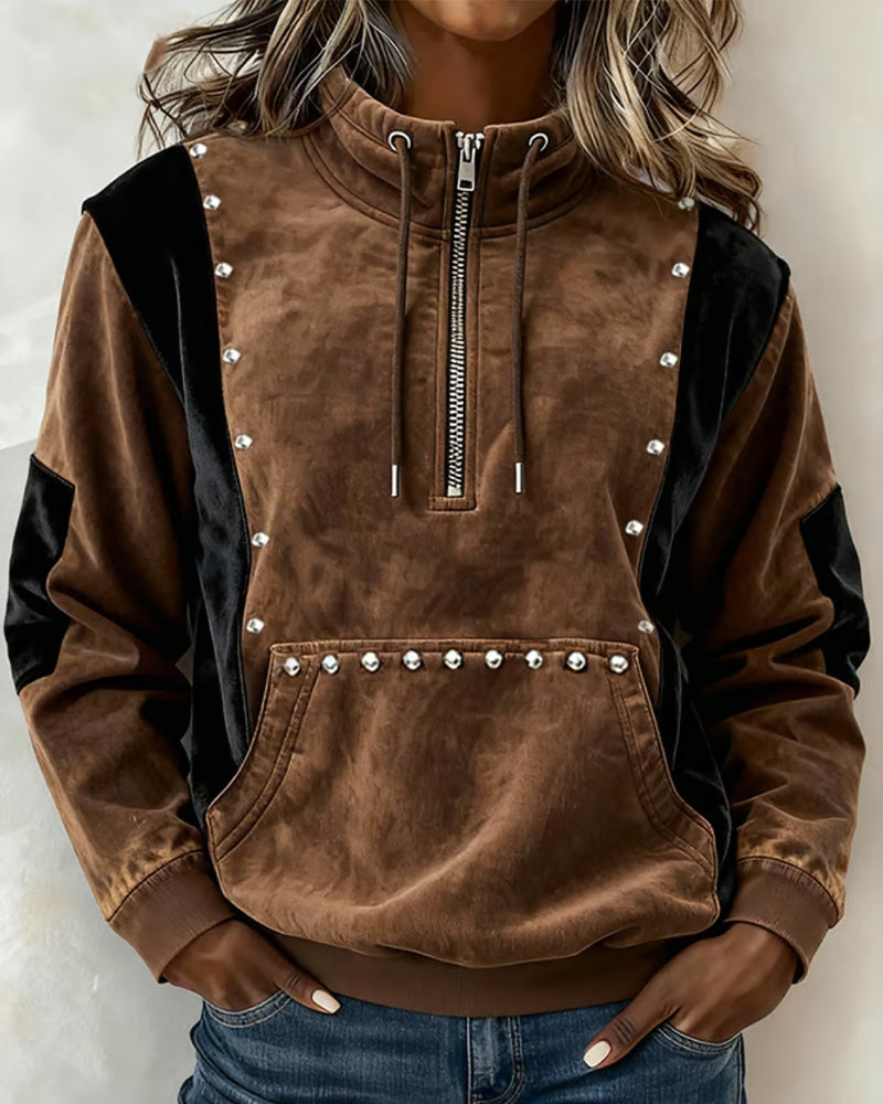 Zipper Color-Block Relaxed Sweatshirt