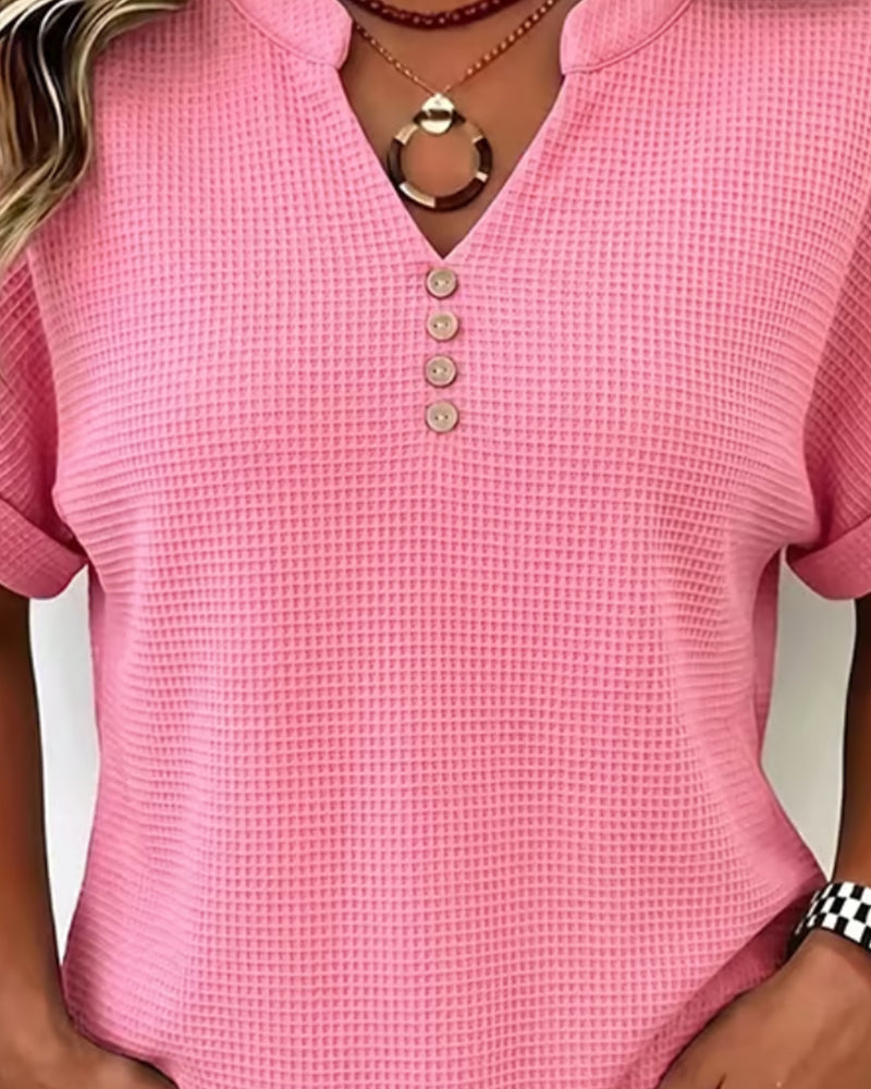 Small V-Neck Button Solid Waffle Top