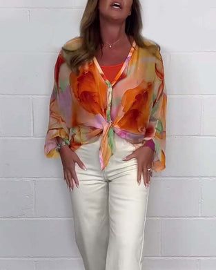 Casual printed V-neck long sleeve blouse