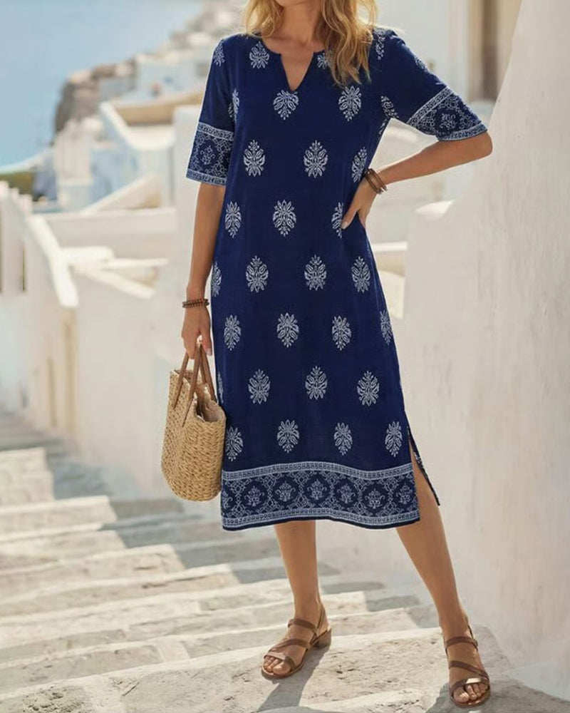 V-Neck Printed Straight Dress