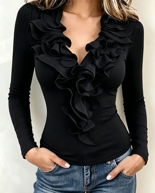 V-Neck Ruffled Solid Color Top