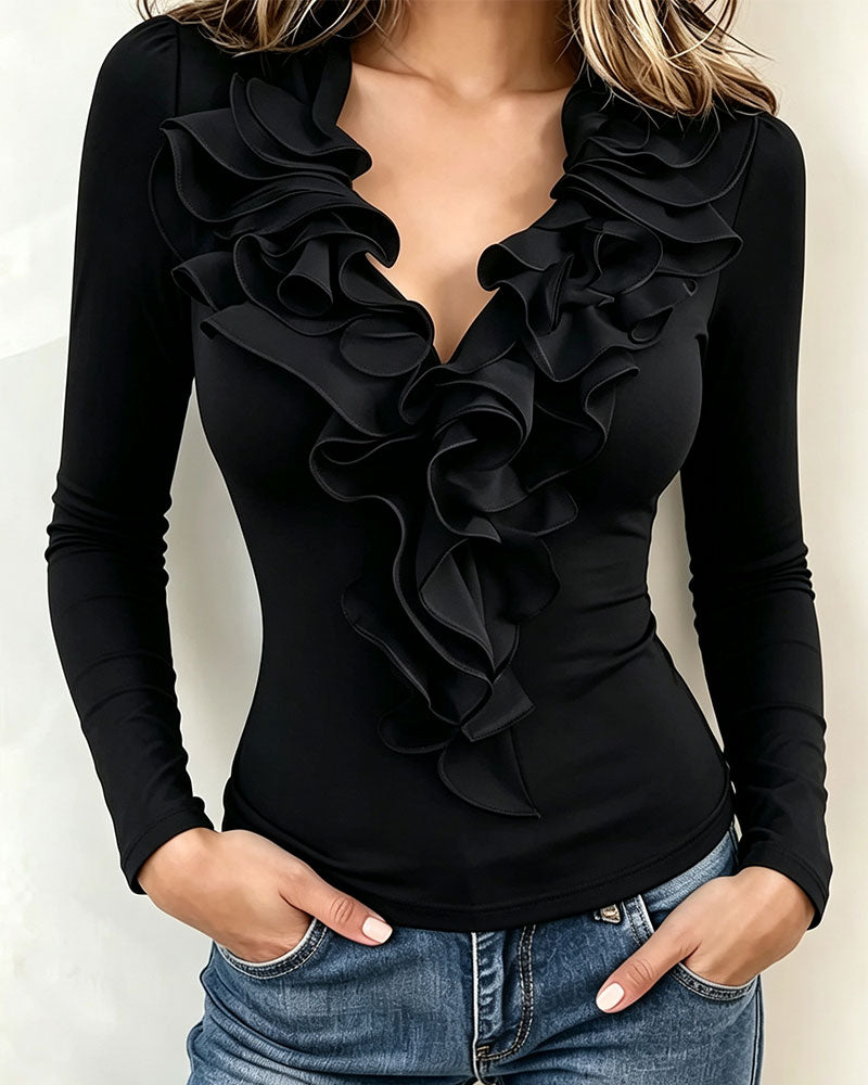 V-Neck Ruffled Solid Color Top