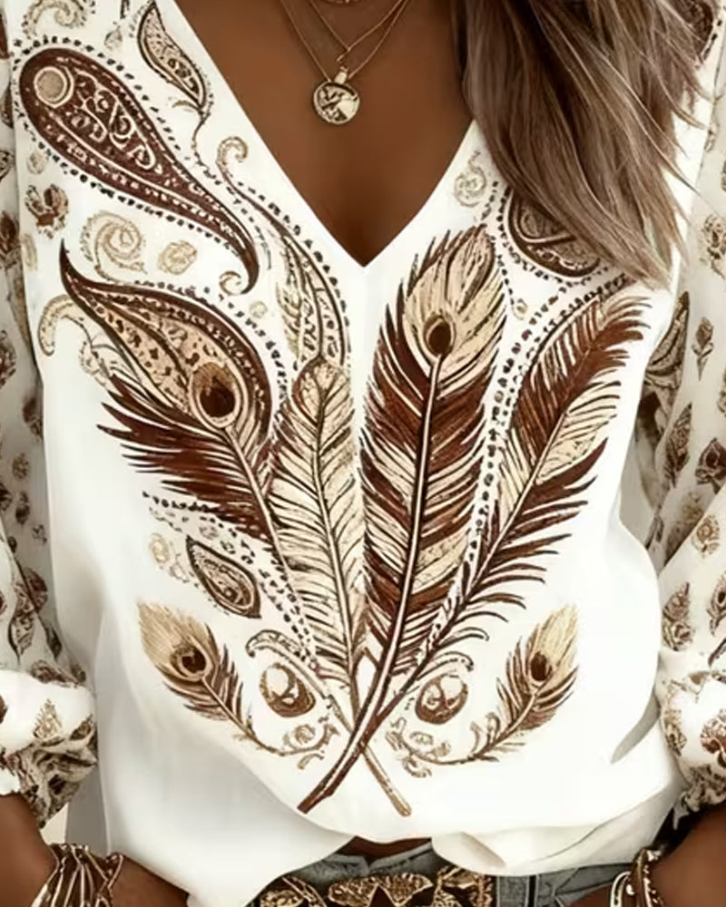 V-Neck Feather Print Top