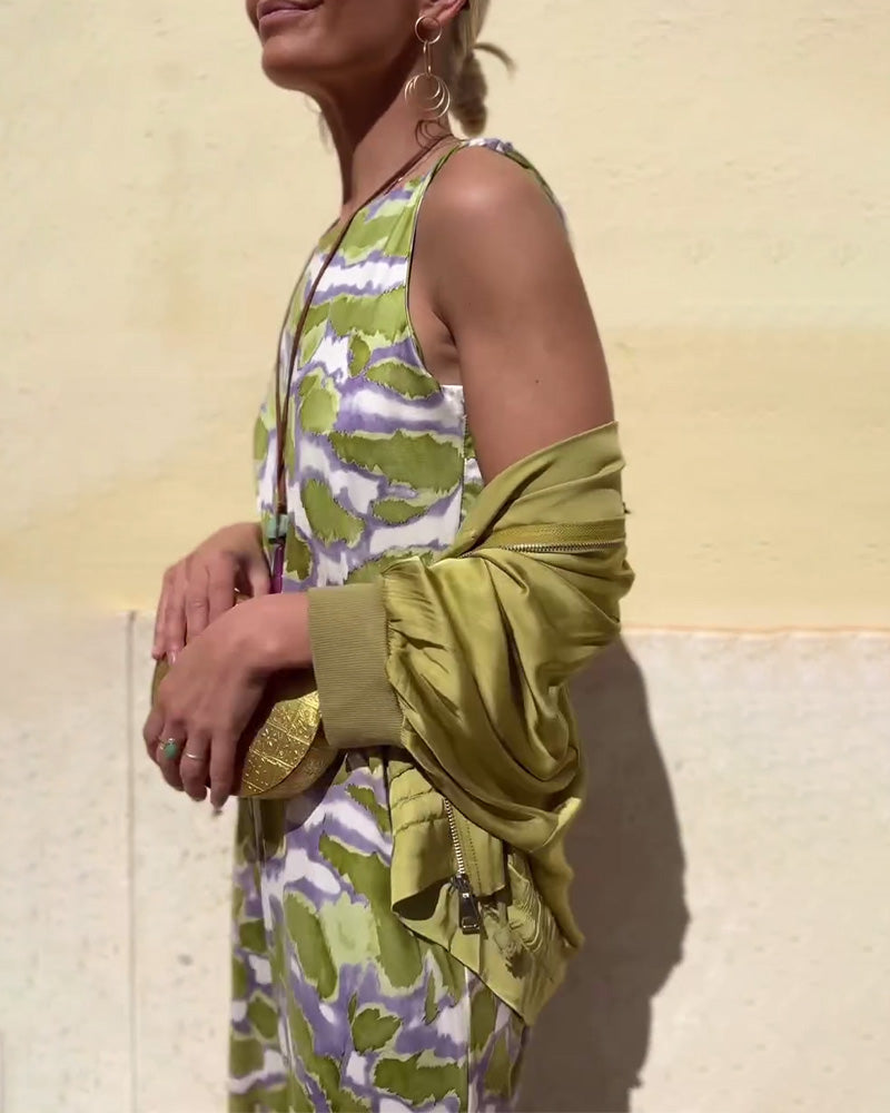 Sleeveless Printed Dress And Coat Set