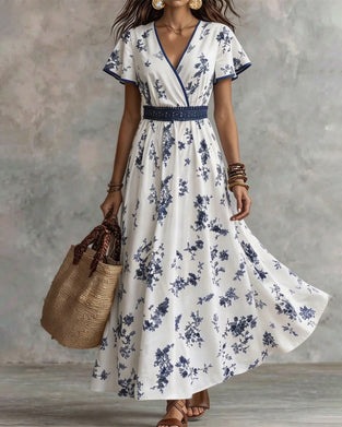 V-Neck Cinched-Waist Floral Maxi Dress