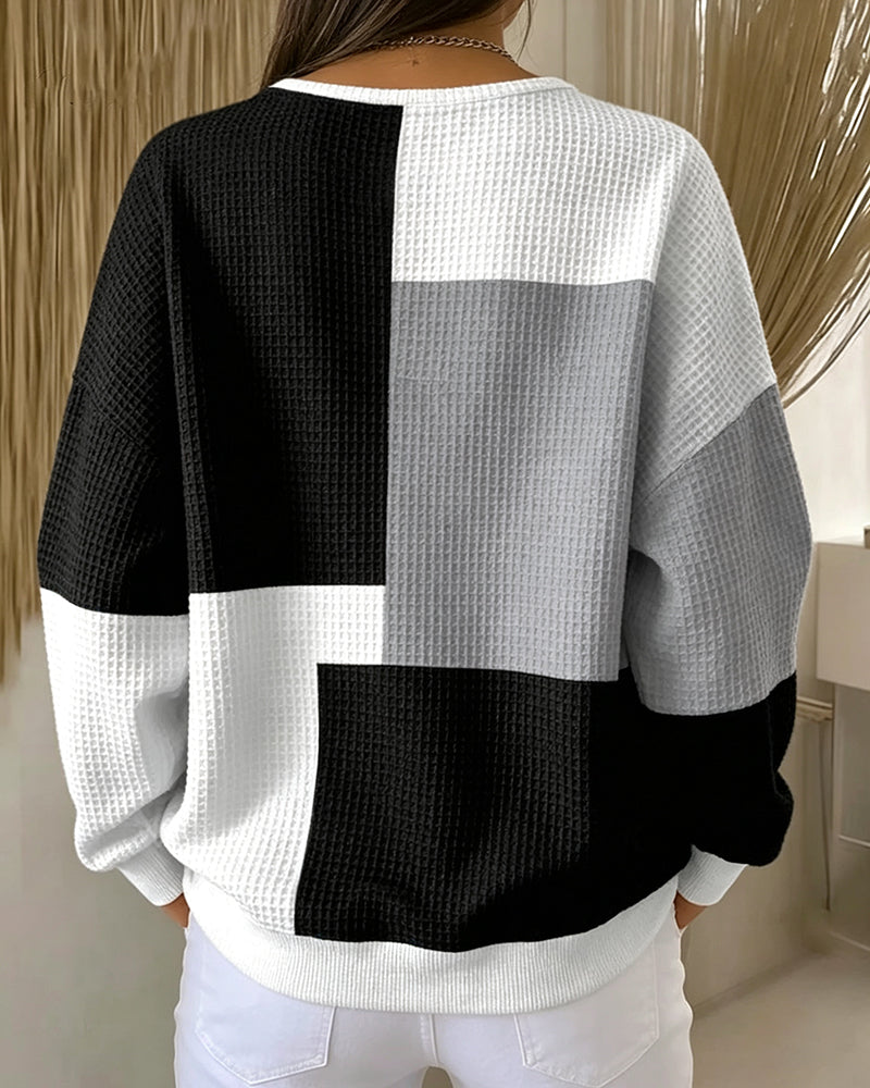 Crew Neck Button Color-Block Top