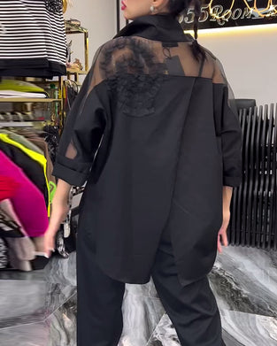 Lapel lace stitching flower blouse