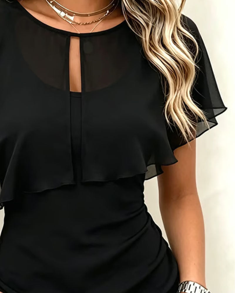 Hollow Out Suspenders Ruffled Solid Color Top