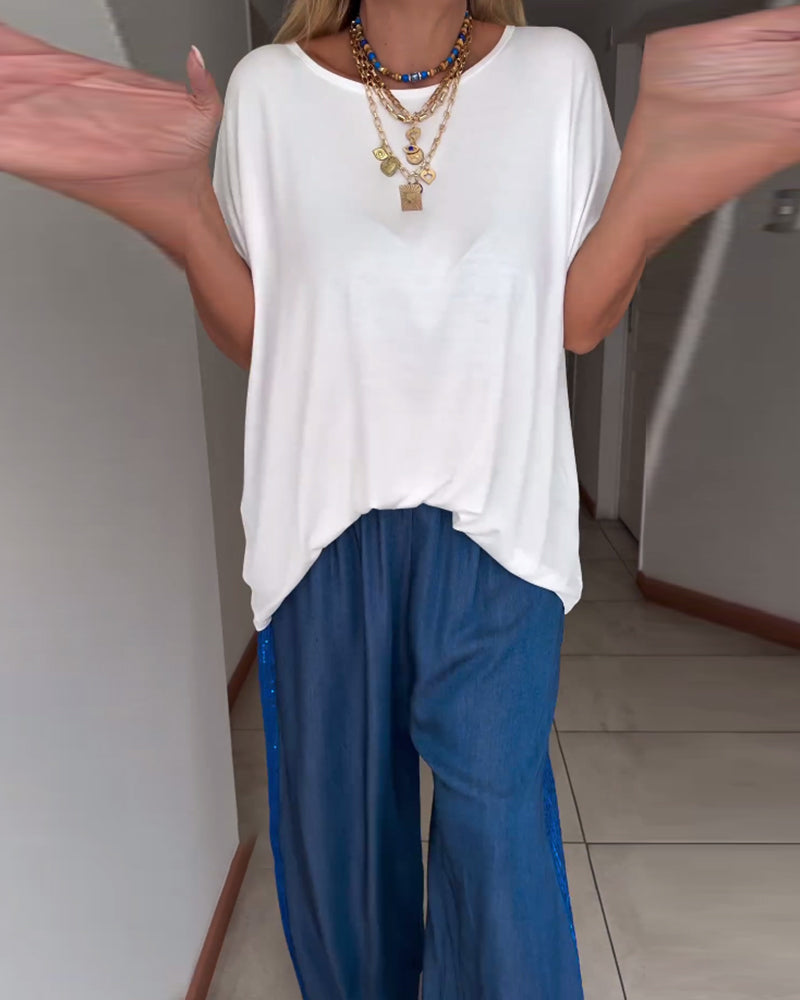 Solid color round neck short sleeve T-shirt