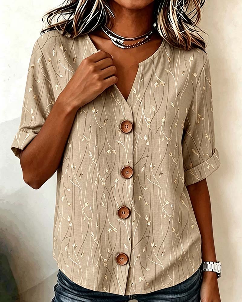 Mini V-Neck Button Casual Blouse