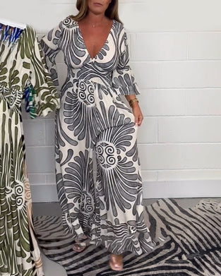 Deep V retro printed bell sleeve loose jumpsuit