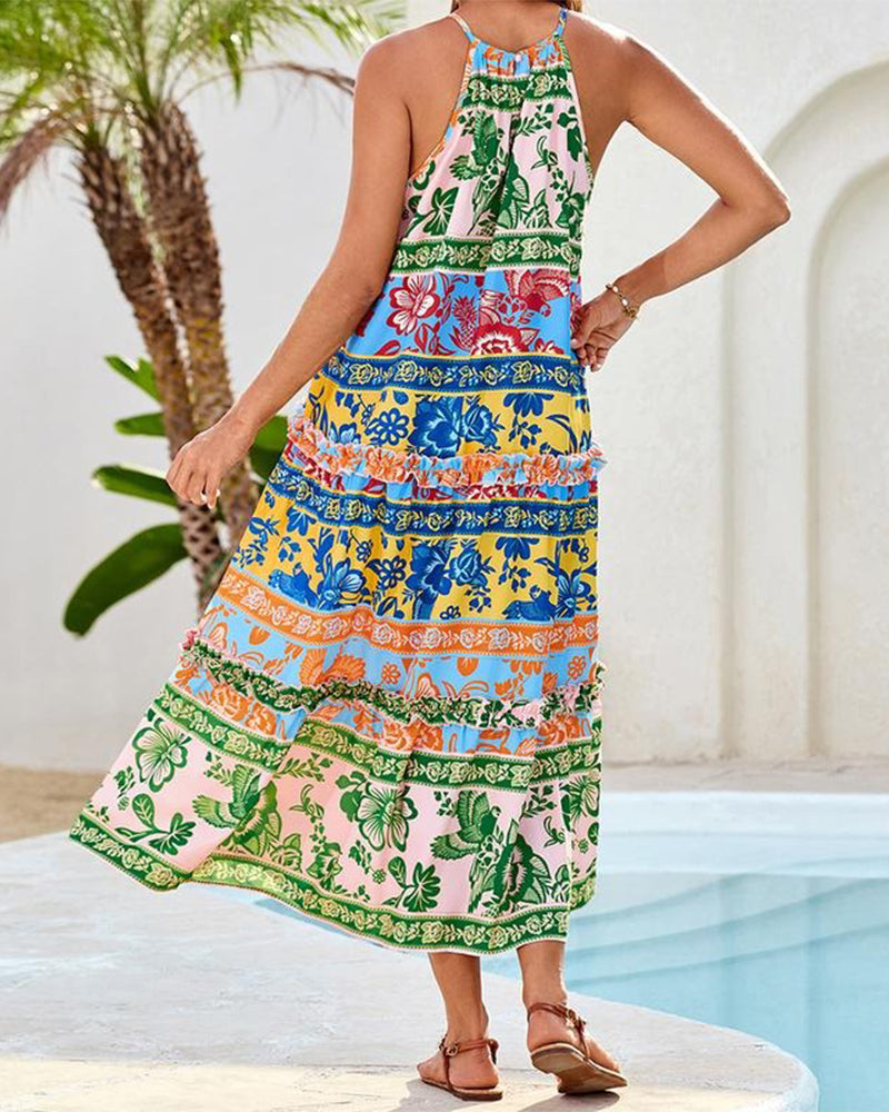 Printed Contrast Color Sleeveless Dress