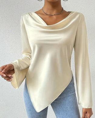 Casual solid color pleated irregular long sleeve blouse