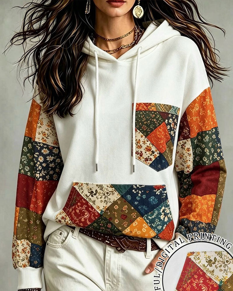 Patchwork Print Hooded Hoodie