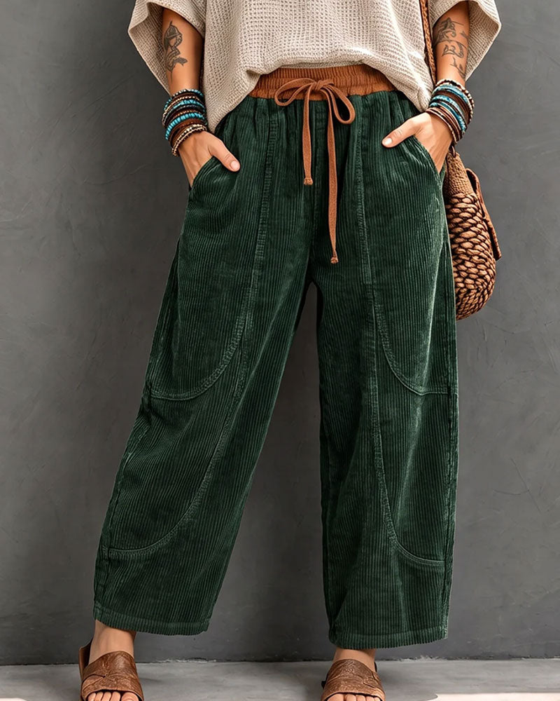 Elastic Waist Color-Block Cropped Wide-Leg Pants