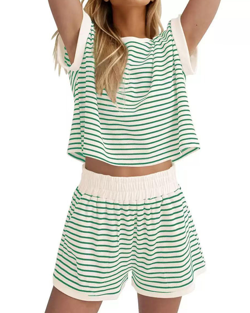 Striped Short-Sleeved Elastic Waist Sets