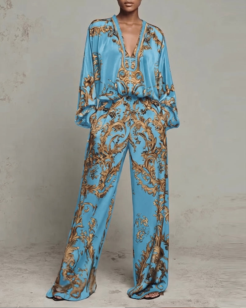 V-Neck Lantern Sleeve Wide Leg Pant Set
