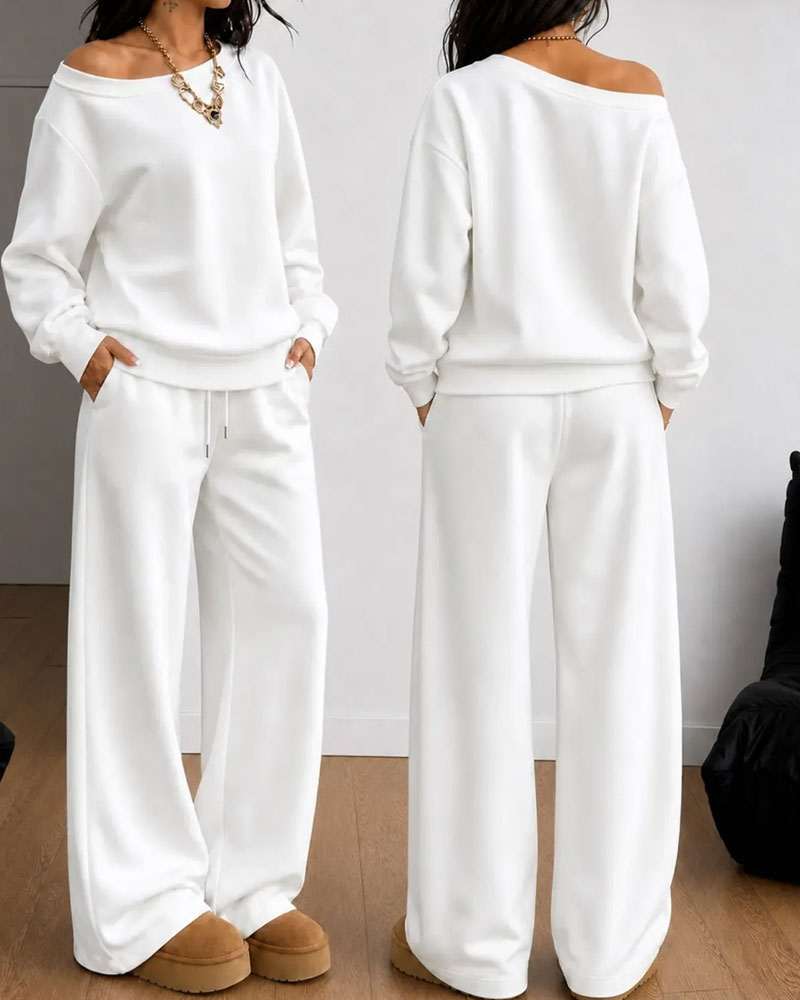 One Shoulder Casual Sweatshirt Long Pants Set