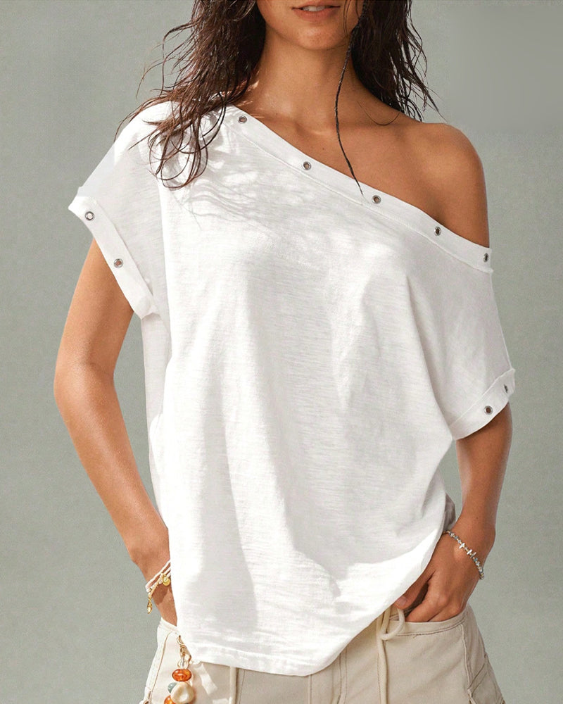 One-Shoulder Rivet Solid T-Shirt