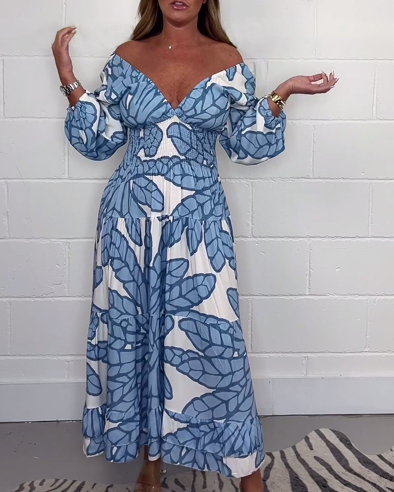 Women's V-neck printed waist long dress