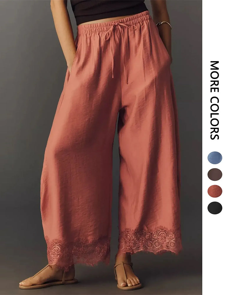 Elastic Waist Lace-Panel Casual Pants