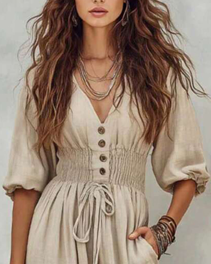 V-Neck Button Elastic Waist Puff Sleeve Jumpsuit