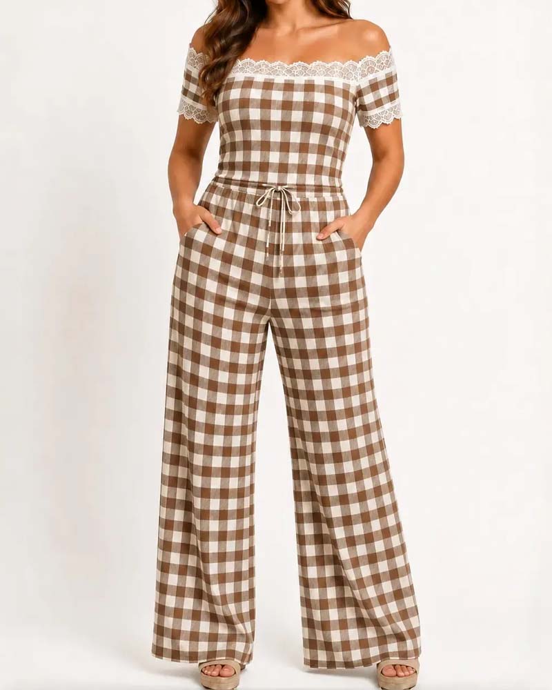 Off-Shoulder Lace Trim Stripe Wide Leg Pants Set