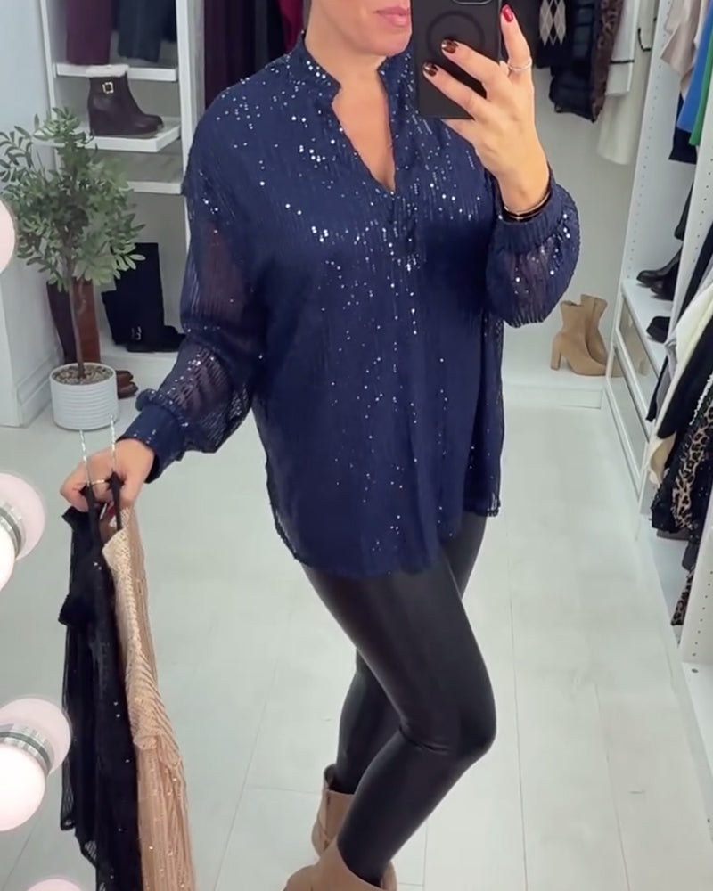 V-Neck Sequined Workwear Blouse