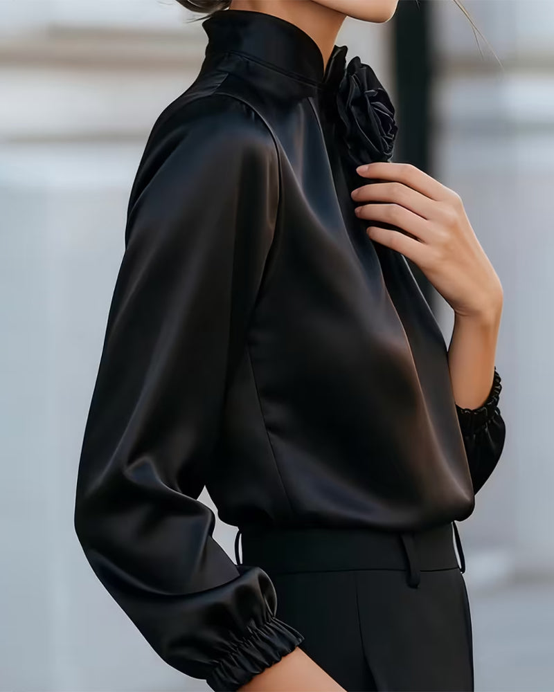 Turtleneck Rose Long Sleeve Blouse