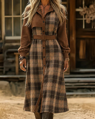 Patchwork Plaid Belted Shirt Dress