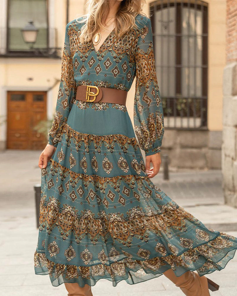 Casual Holiday Ethnic Style V-Neck Dress
