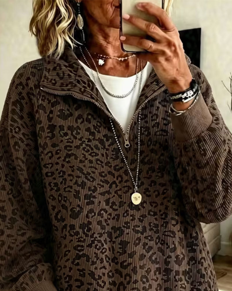 Half-Zip Leopard Pullover Sweatshirt