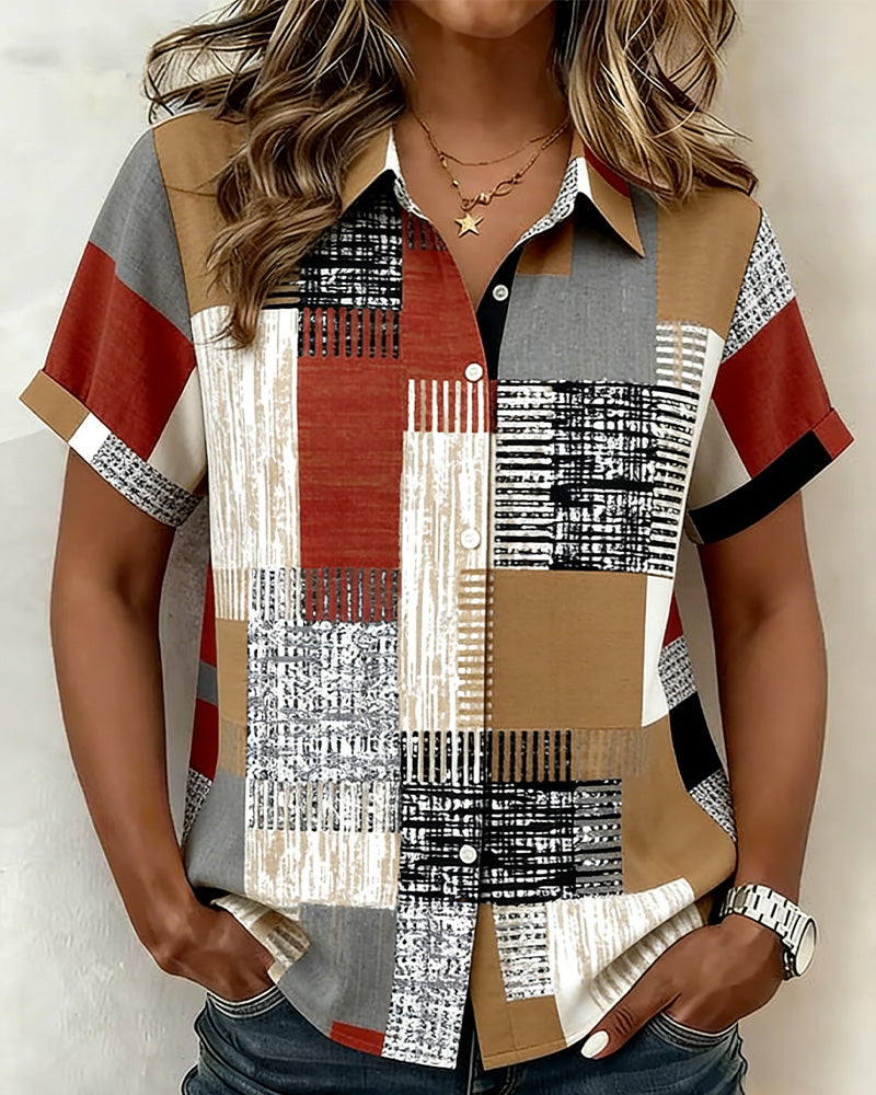 Color-Block Geometric Short-Sleeve Blouse