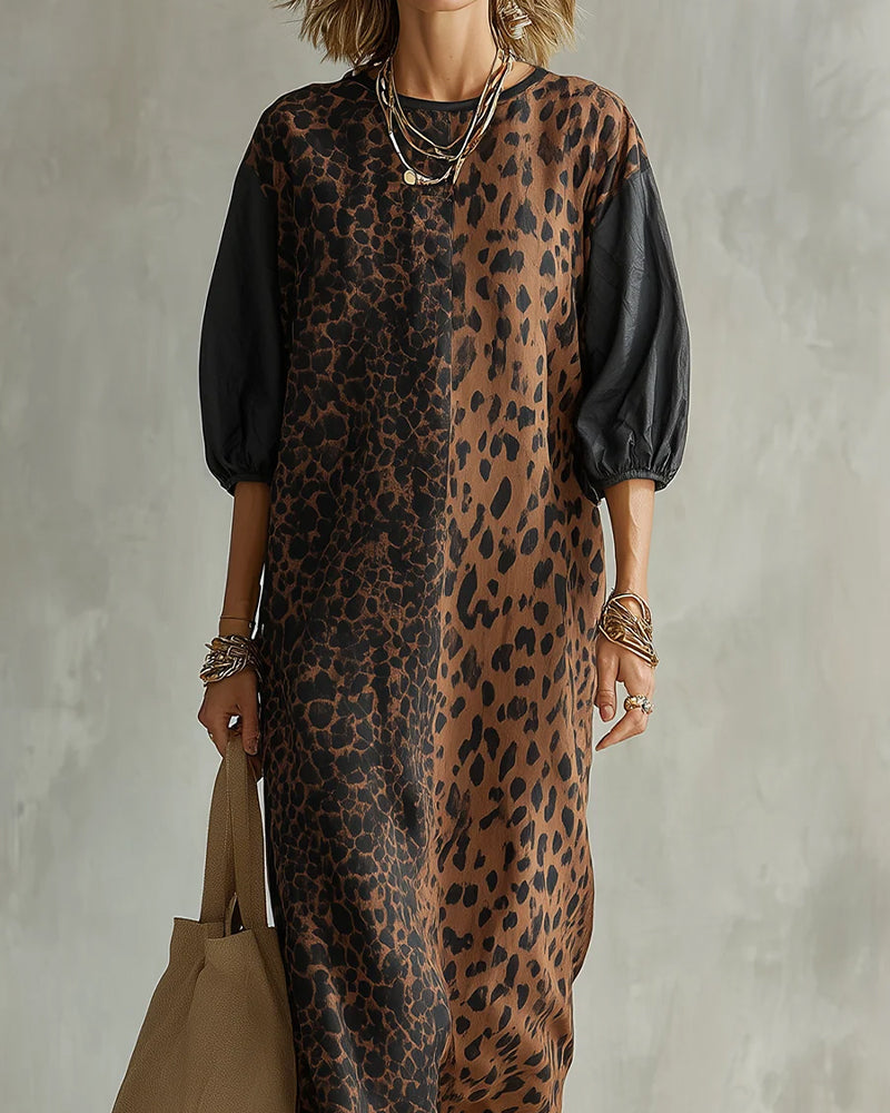 Leopard Print Colorblock Puff Sleeve Dress