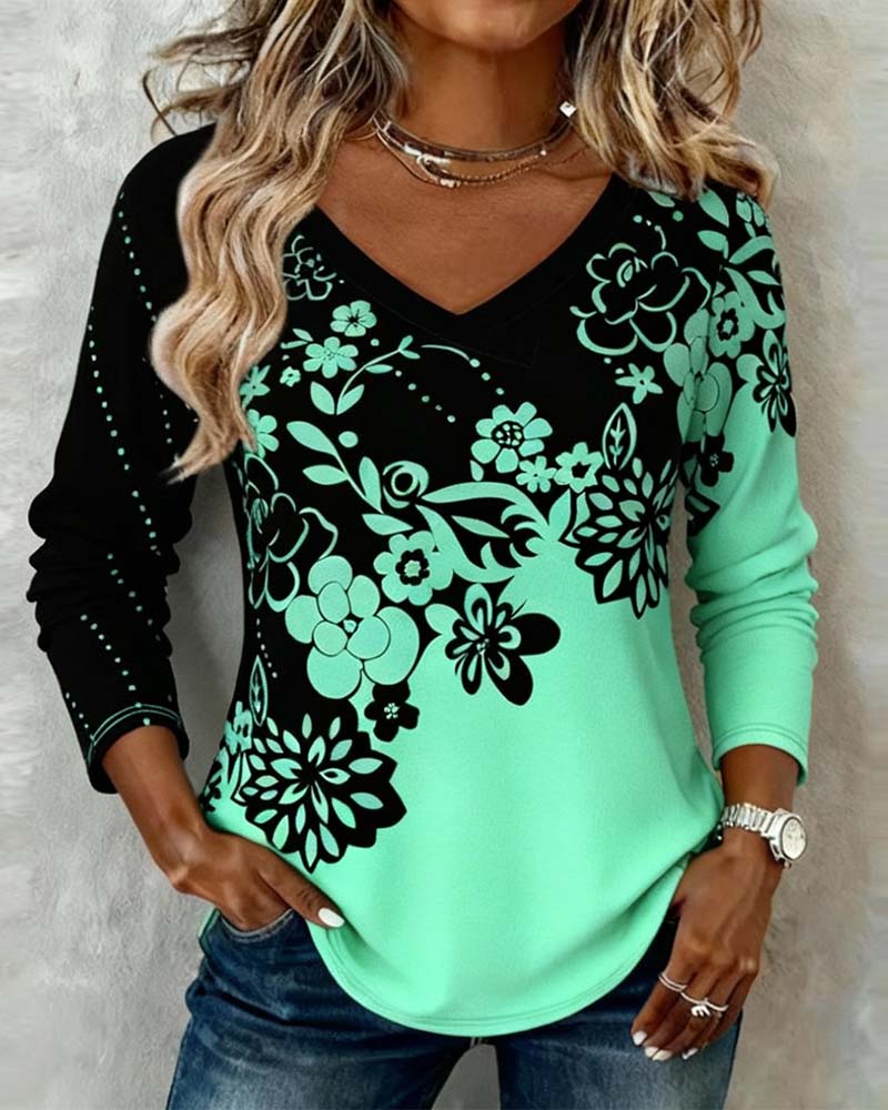 V-Neck Placement Print Top