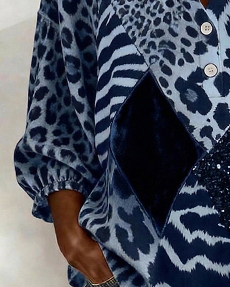 Square Neck Leopard Print Patchwork Sequin Blouse