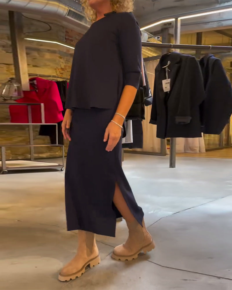 Round neck solid color simple skirt set