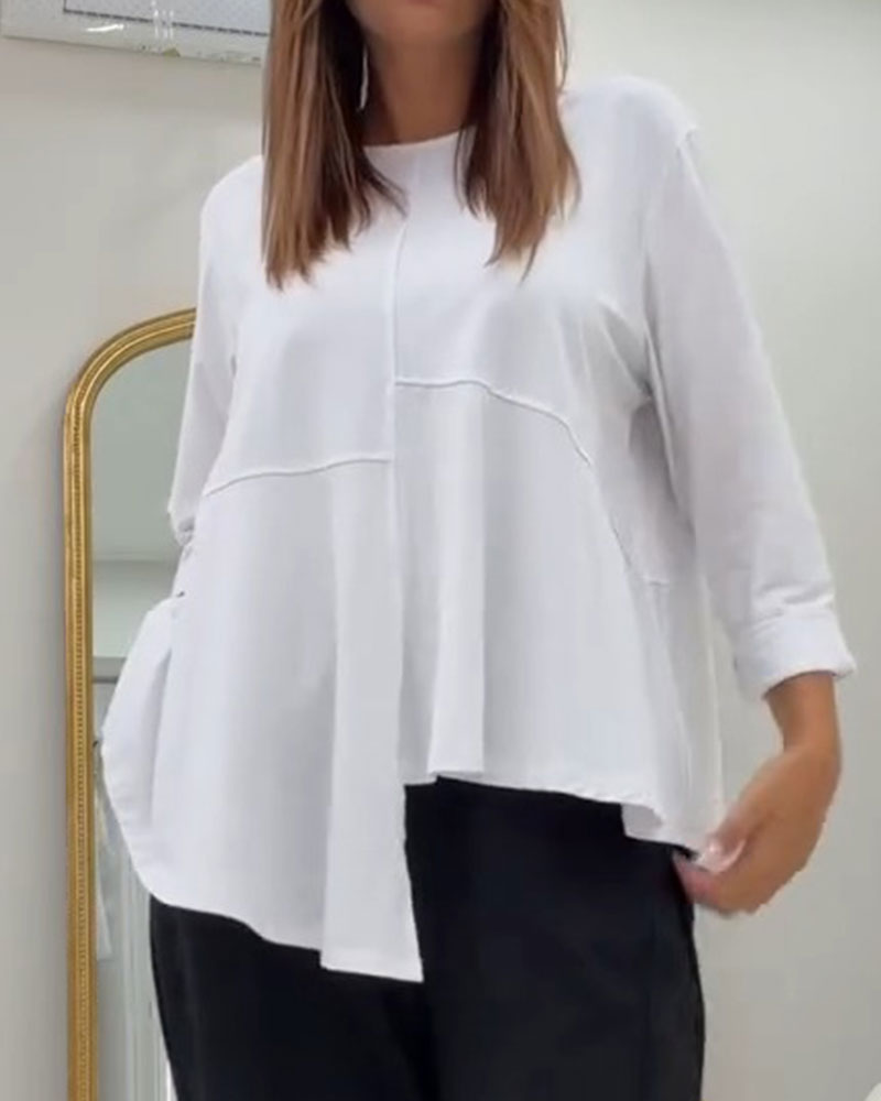 Crew Neck Patchwork Asymmetric Solid Top