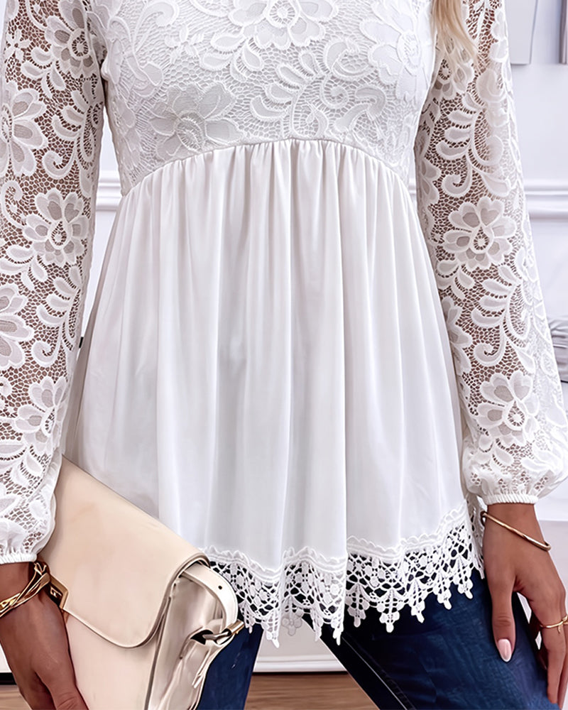 Lace Long Sleeve Shirred Blouse