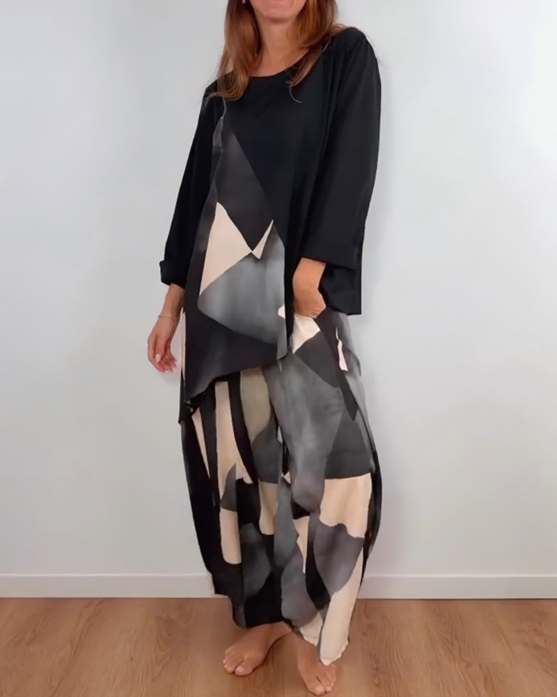 Casual Geometric Print Wide-Leg Pants Two-Piece Set