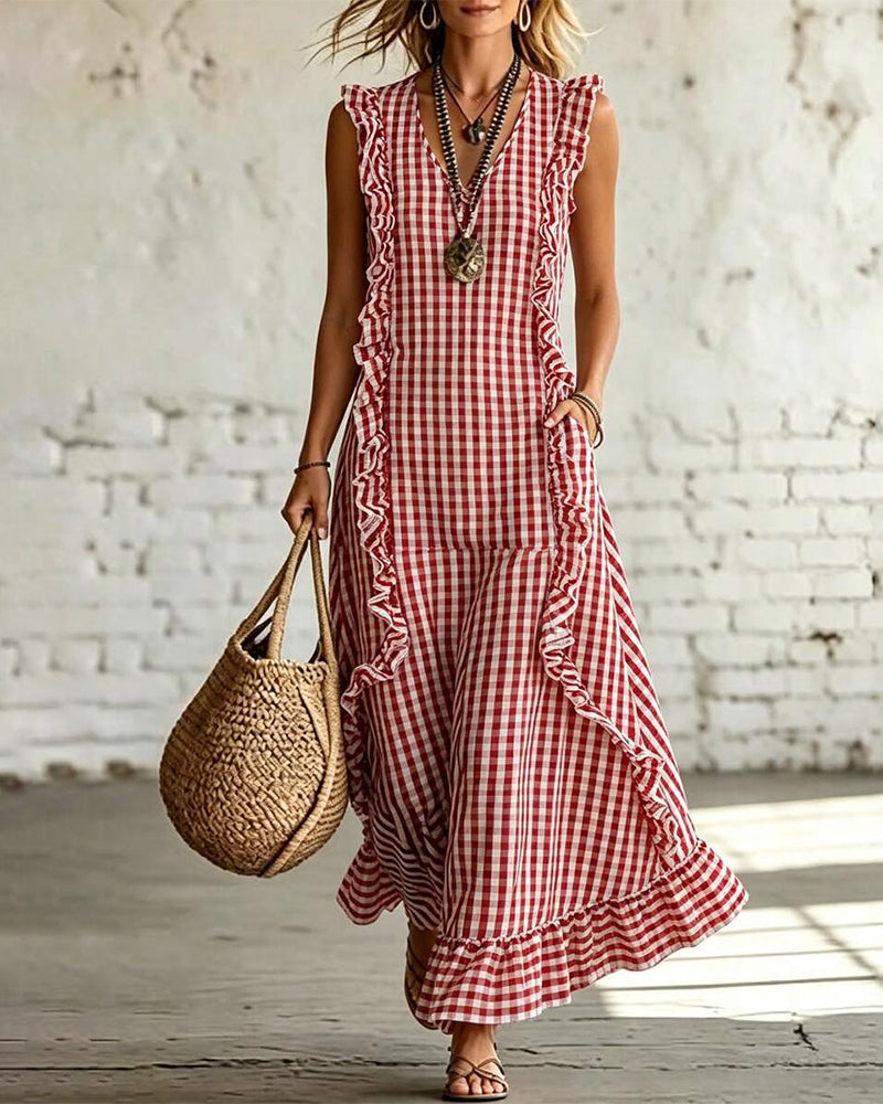 V-Neck Ruffle Plaid Sleeveless Maxi Dress