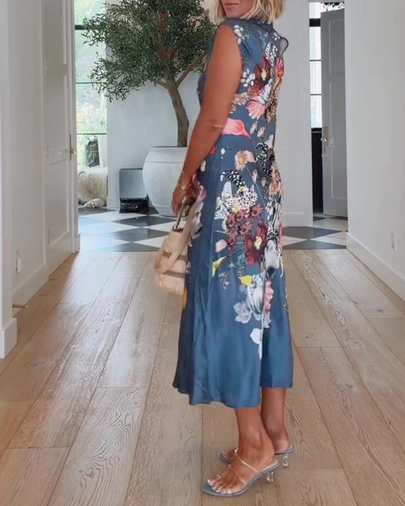 High Neck Sleeveless Floral Fitted Dress