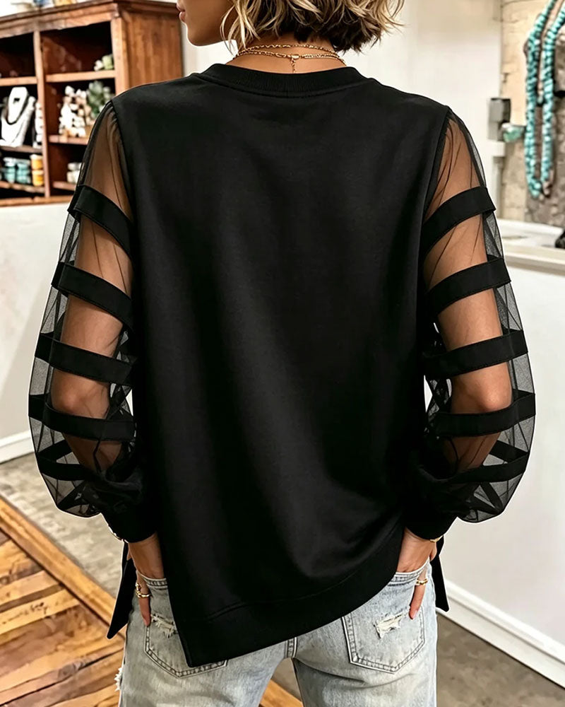 Round Neck Slit Solid Color Tulle Sweatshirt