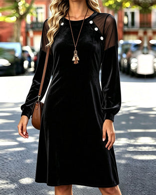 Crewneck Button Sheer A-Line Dress