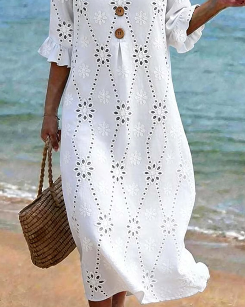 Small V-Neck Hollow Out Button Ruffle Dress