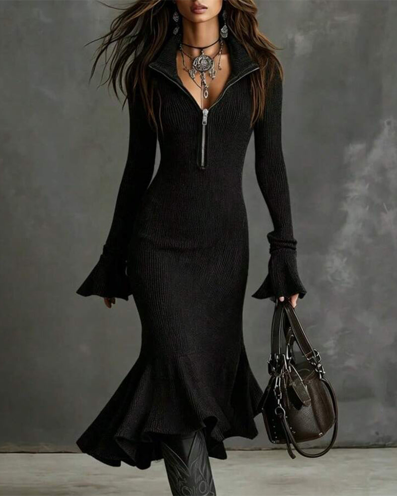 Zip Flare Sleeve Fitted Ruffle Dress