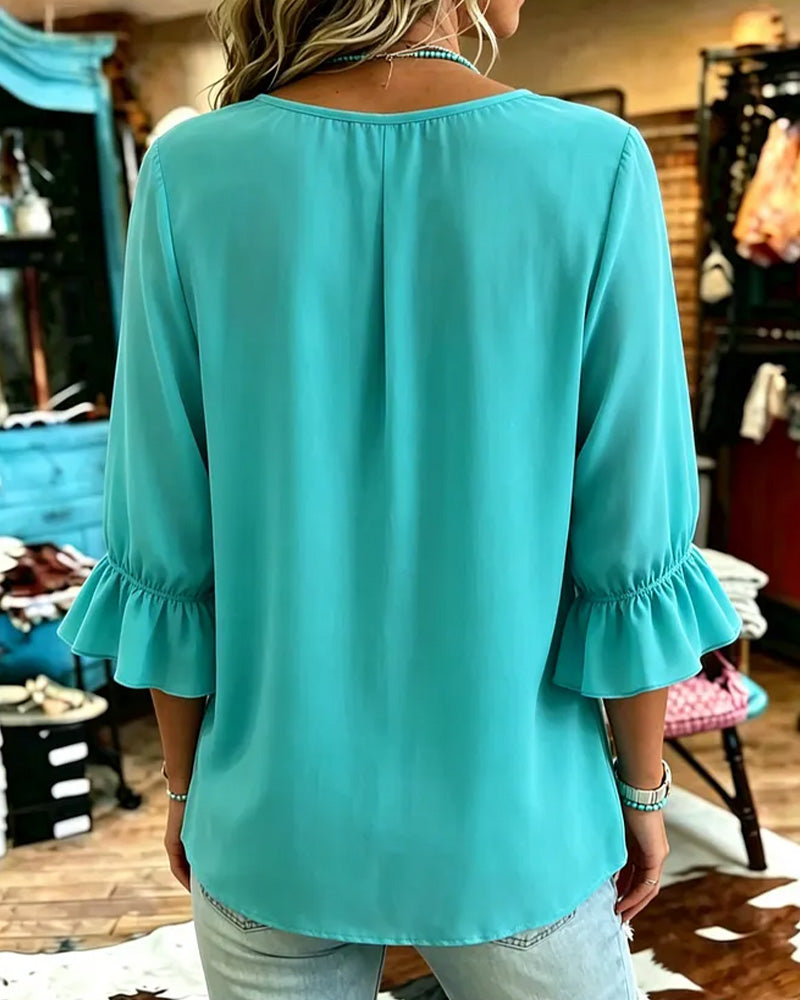 Solid Color Ruffled Sleeve Lace-Up Blouse