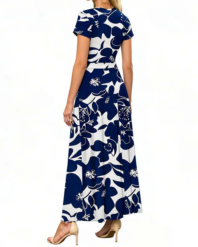 V-Neck Printed Short-Sleeved Dress